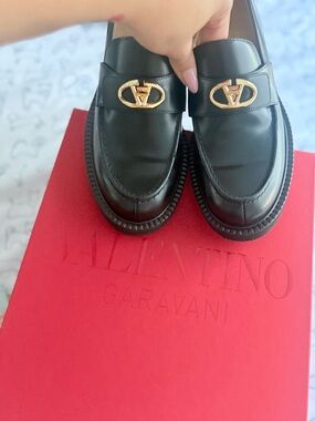 Valentino Garavani Black Leather Loafers with Gold Logo